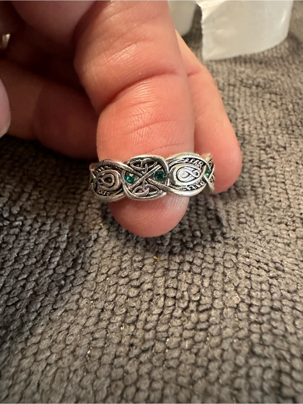 Sterling Celtic Knot Ring with Emerald Accents - Women size 7.5